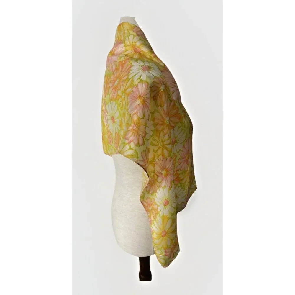 Vintage Floral Scarf Yellow Pink Daisy Sheer Mod Retro 60s 70s 13 x 53 Cottage - Picture 5 of 8